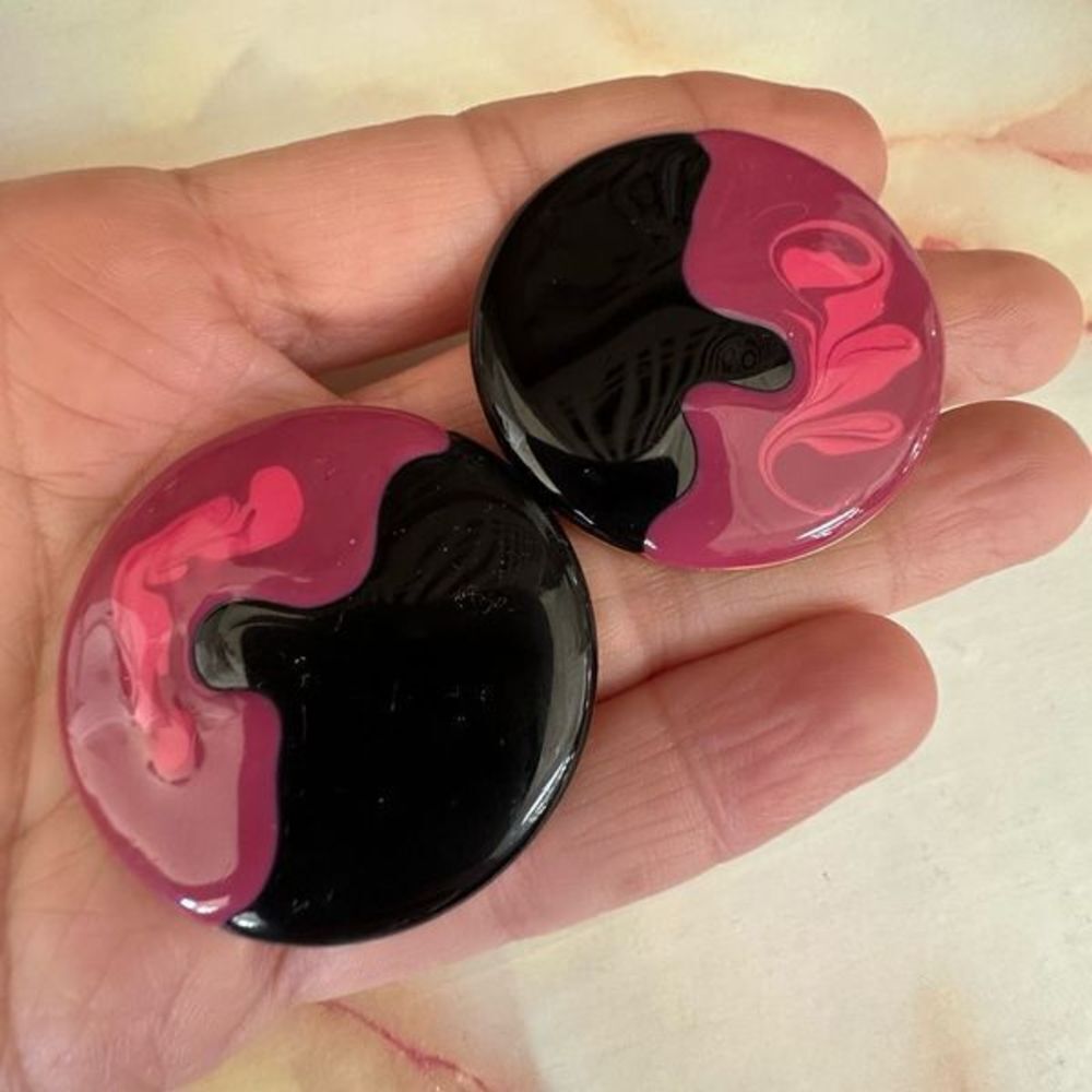 Pink and black round enamel post earrings